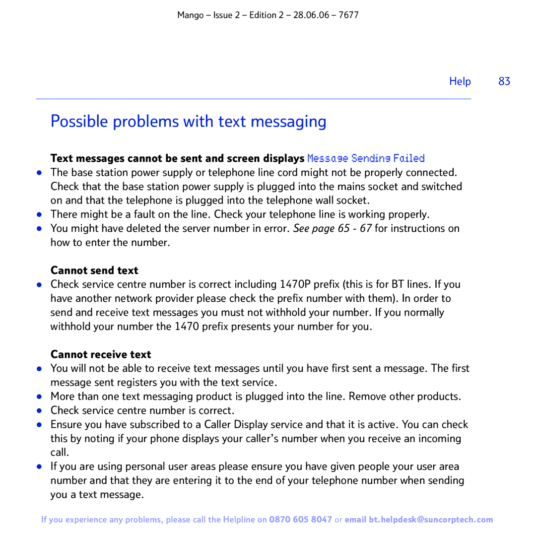 BT BT MANGO manual Possible problems with text messaging 