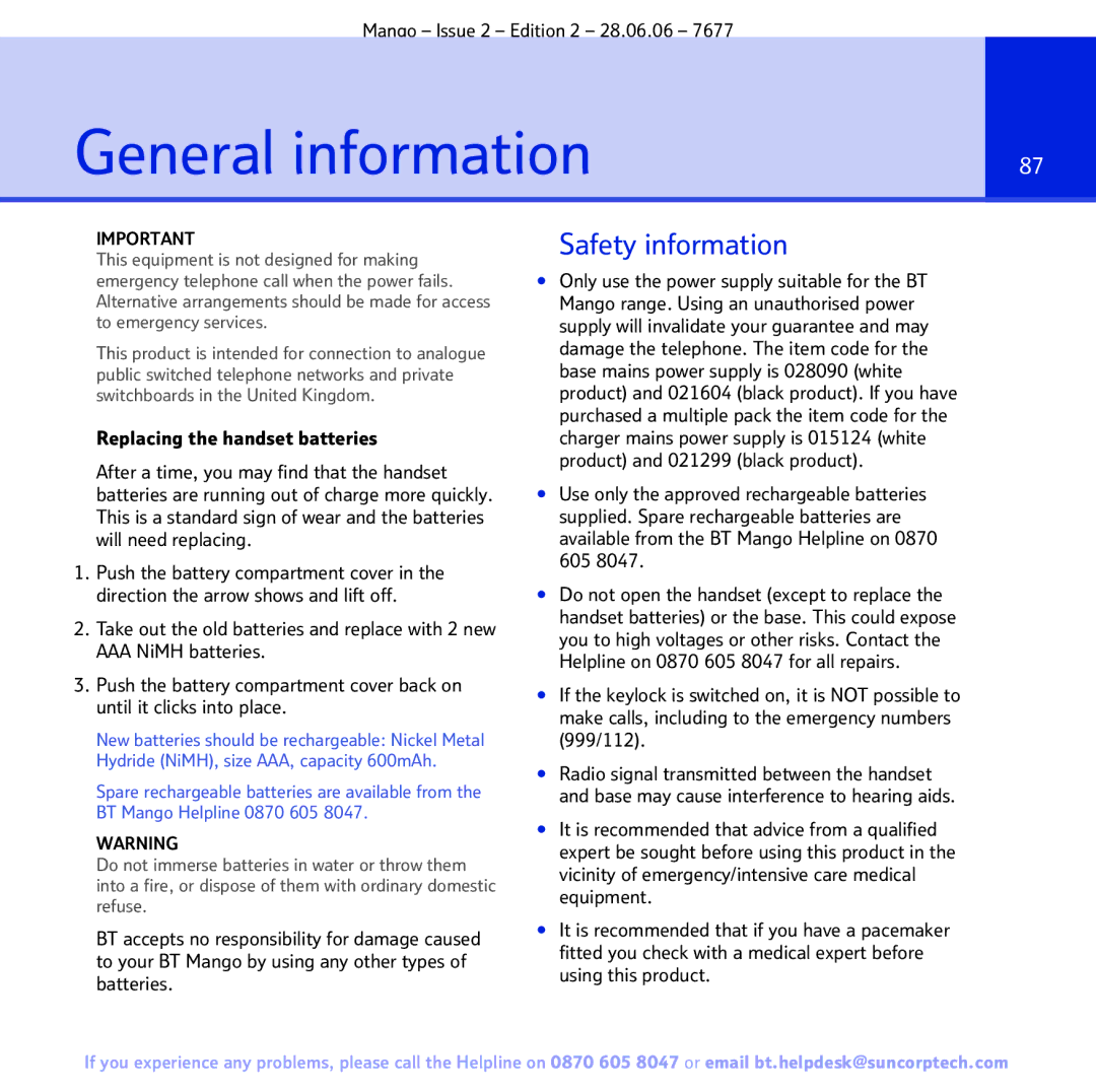 BT BT MANGO manual General information, Safety information 