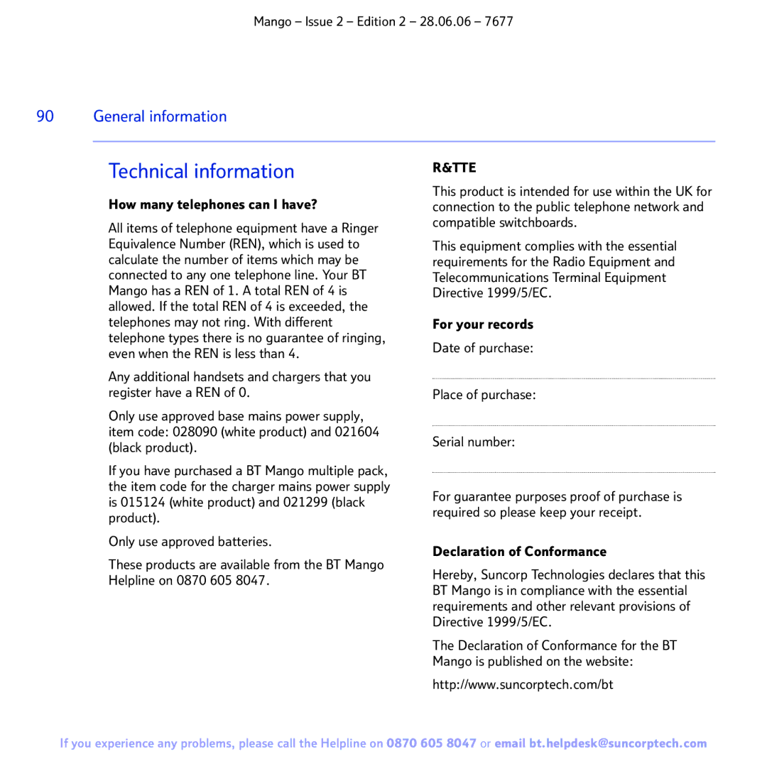 BT BT MANGO manual Technical information 