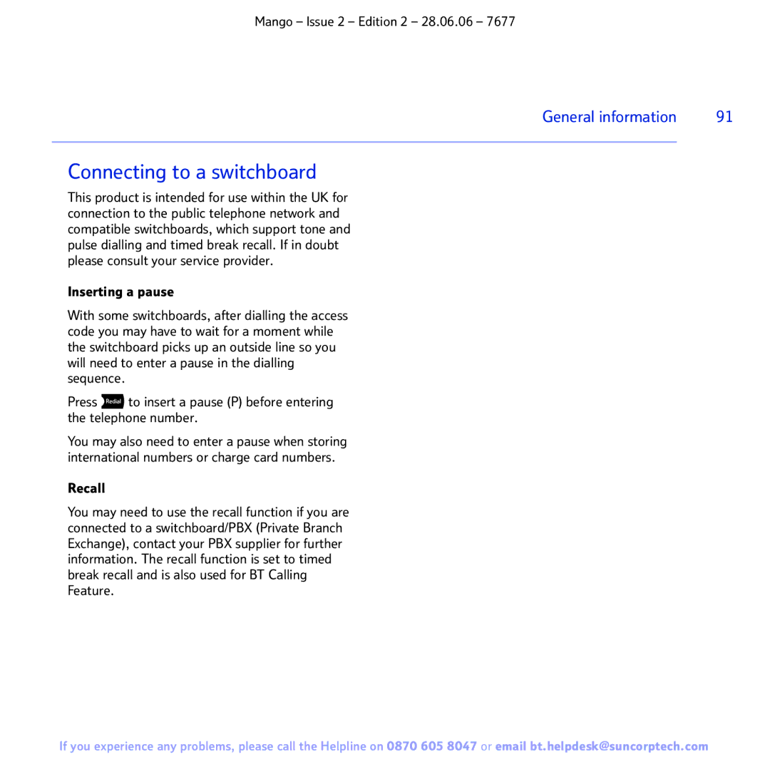 BT BT MANGO manual Connecting to a switchboard 