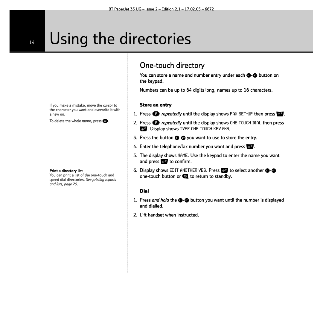 BT BT PaperJet 35 manual Using the directories, One-touch directory 