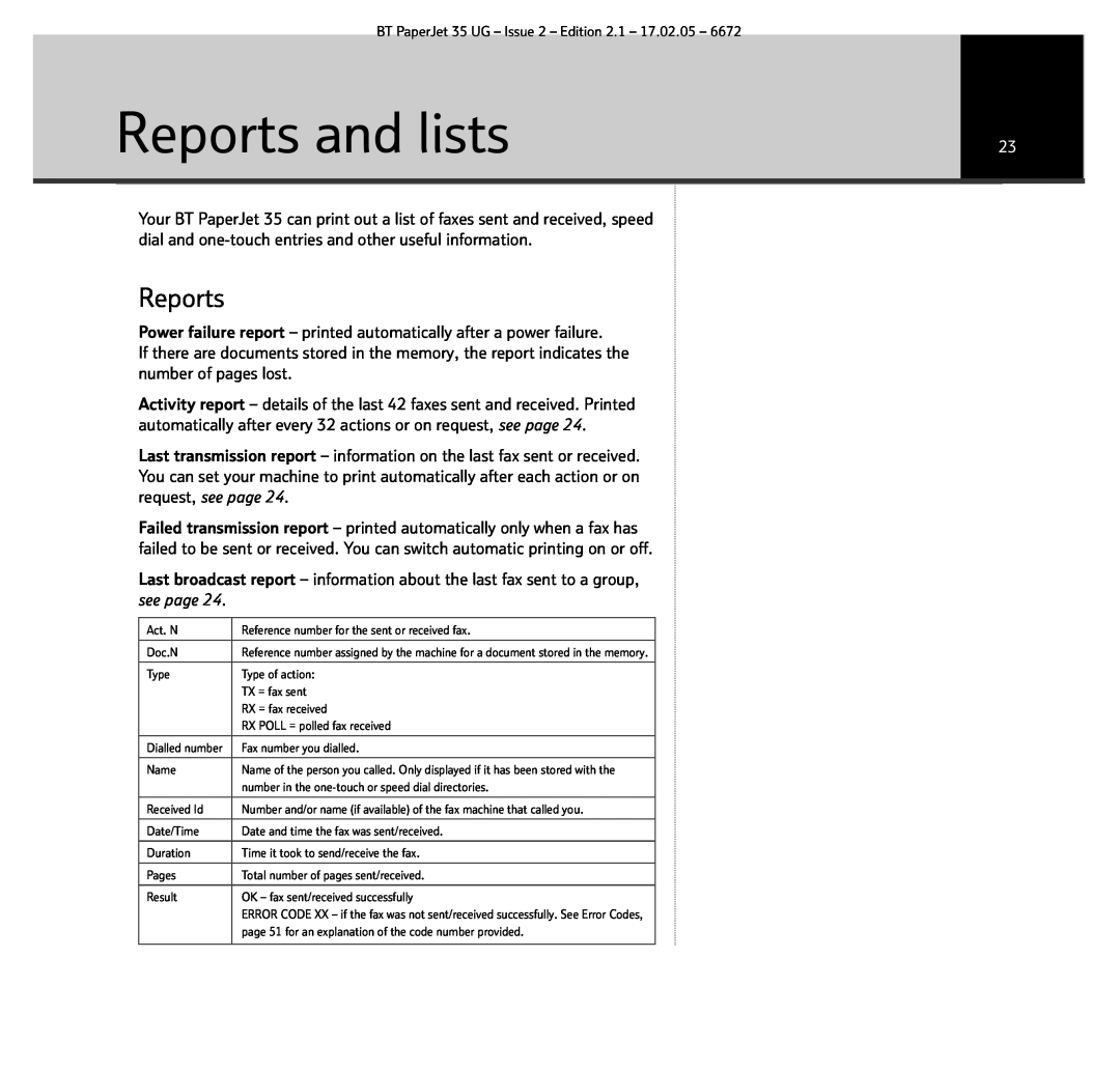 BT manual Reports and lists, see page, BT PaperJet 35 UG - Issue 2 - Edition 2.1 - 17.02.05 