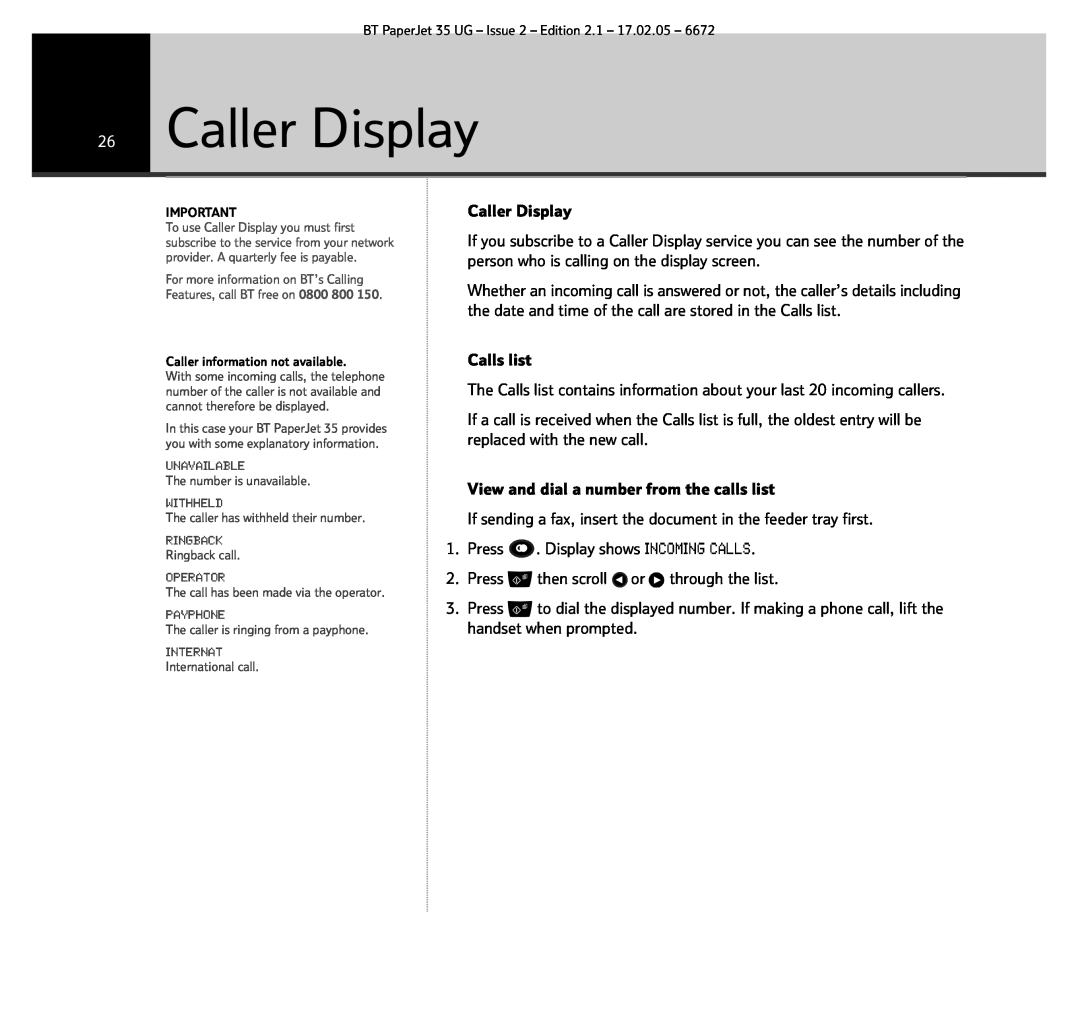 BT BT PaperJet 35 manual Caller Display, Caller information not available 