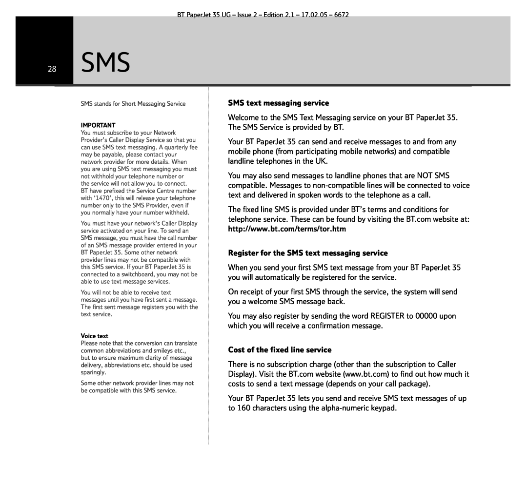 BT BT PaperJet 35 manual 28 SMS 
