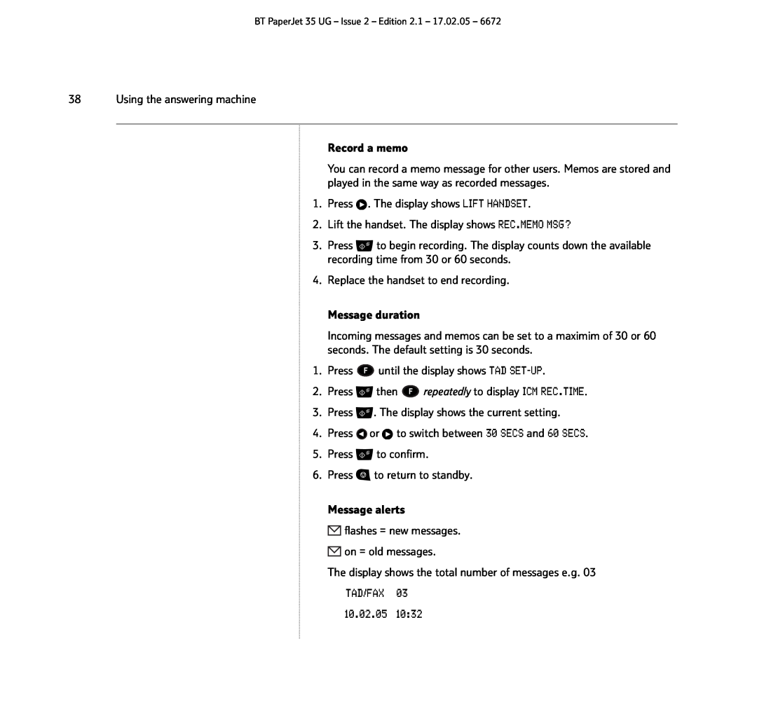 BT BT PaperJet 35 manual Using the answering machine Record a memo 