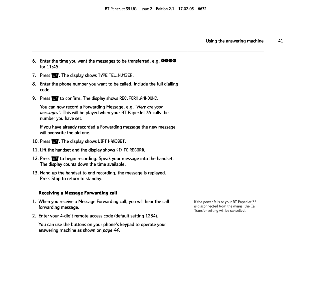 BT BT PaperJet 35 manual Enter the time you want the messages to be transferred, e.g. for 