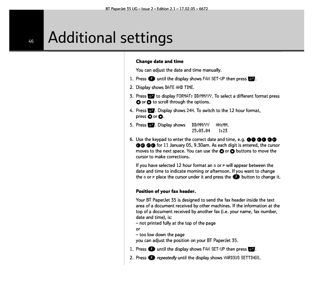 BT BT PaperJet 35 manual Additional settings, Hhmm 