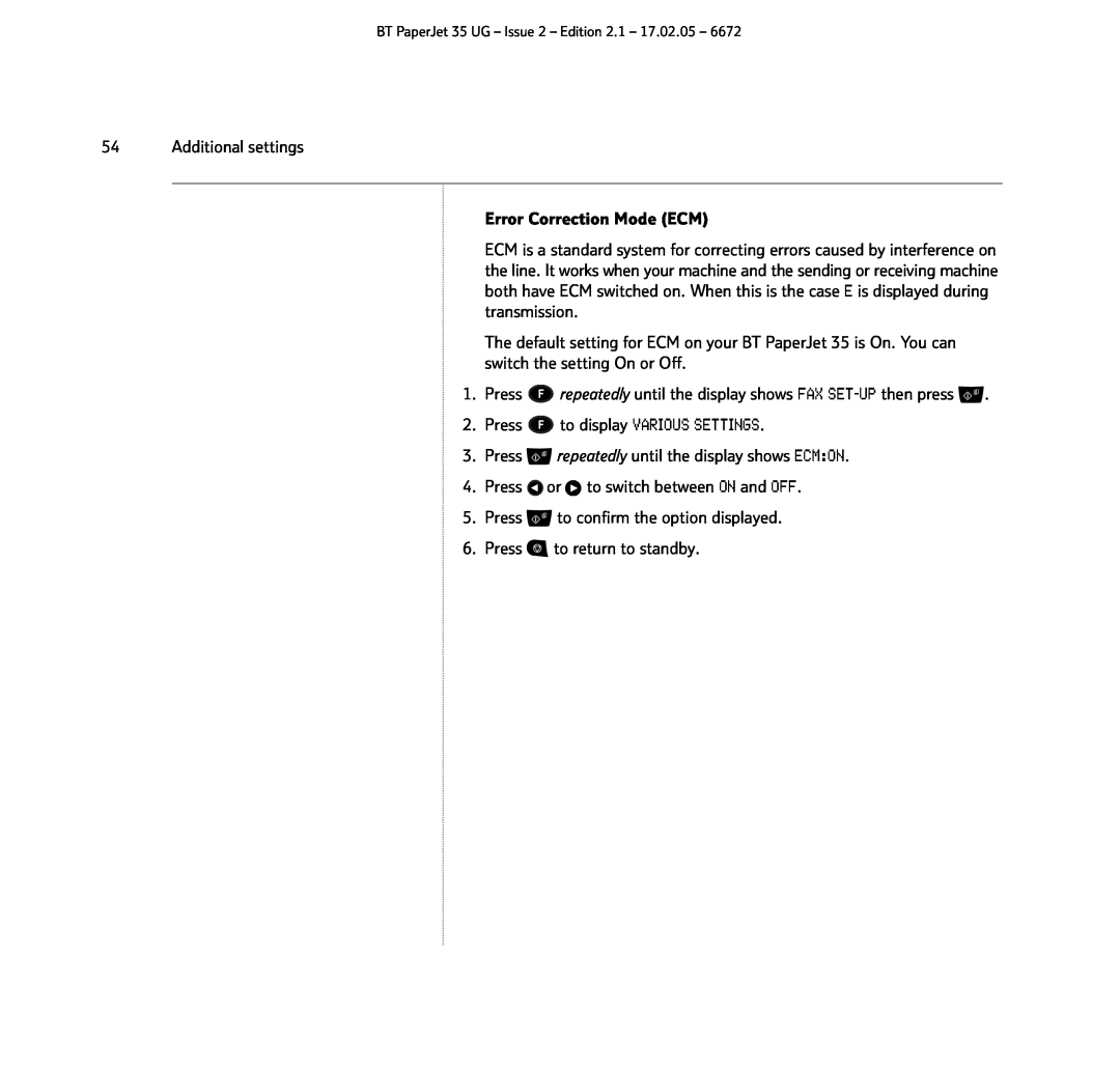 BT BT PaperJet 35 manual Additional settings Error Correction Mode ECM 