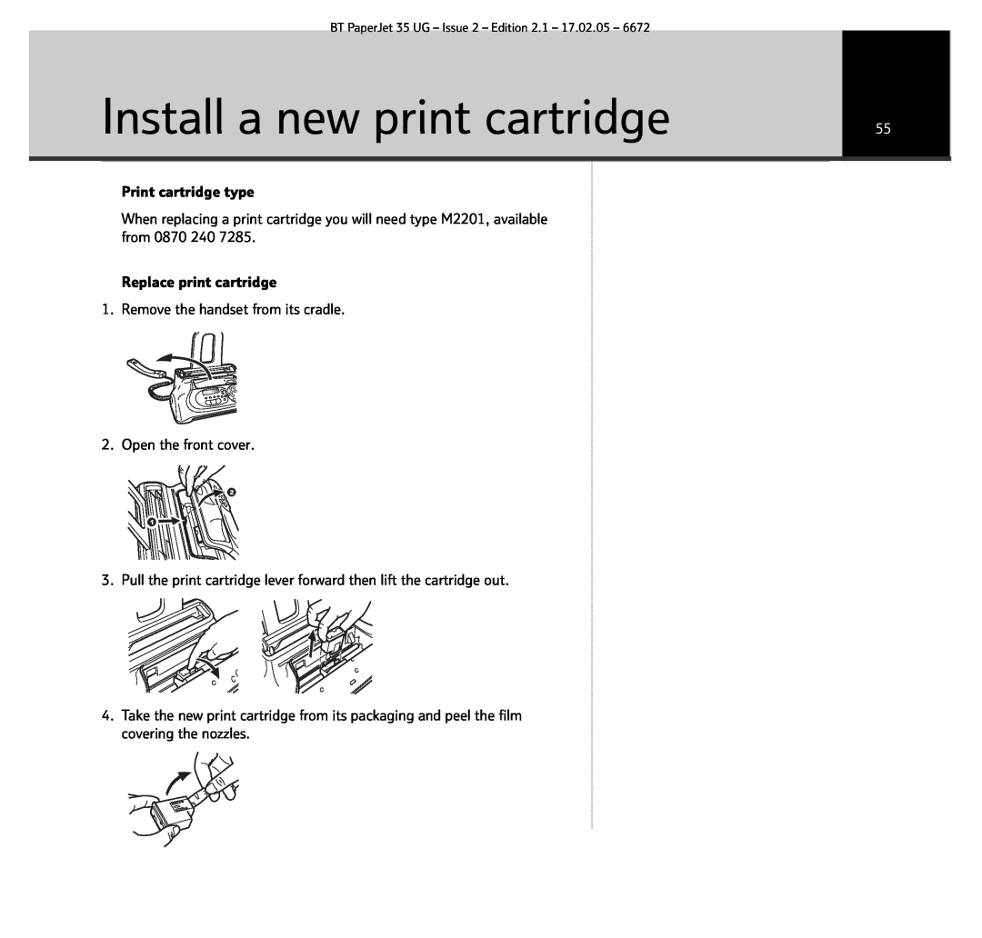 BT BT PaperJet 35 manual Install a new print cartridge 