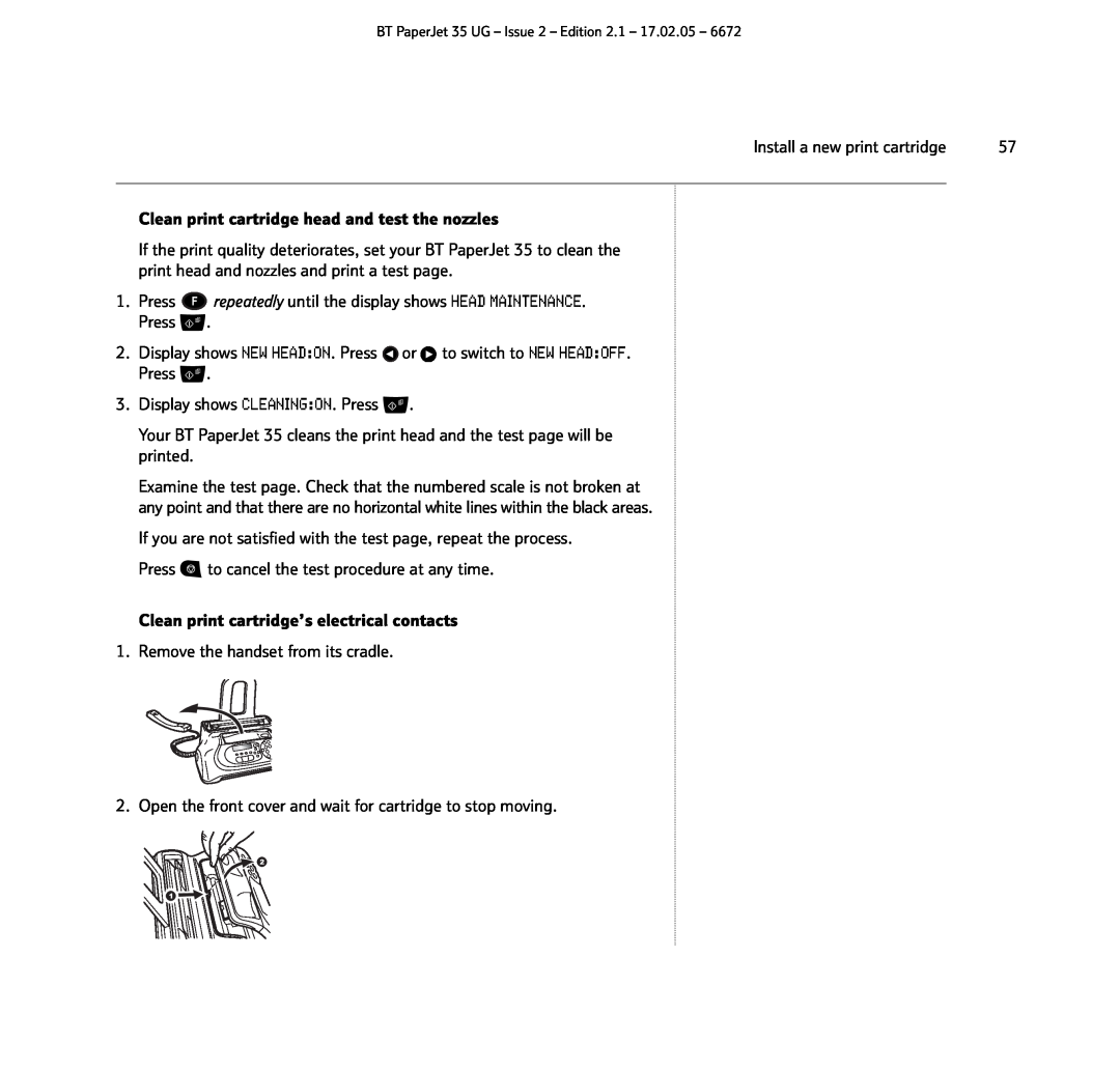 BT BT PaperJet 35 manual Clean print cartridge head and test the nozzles 