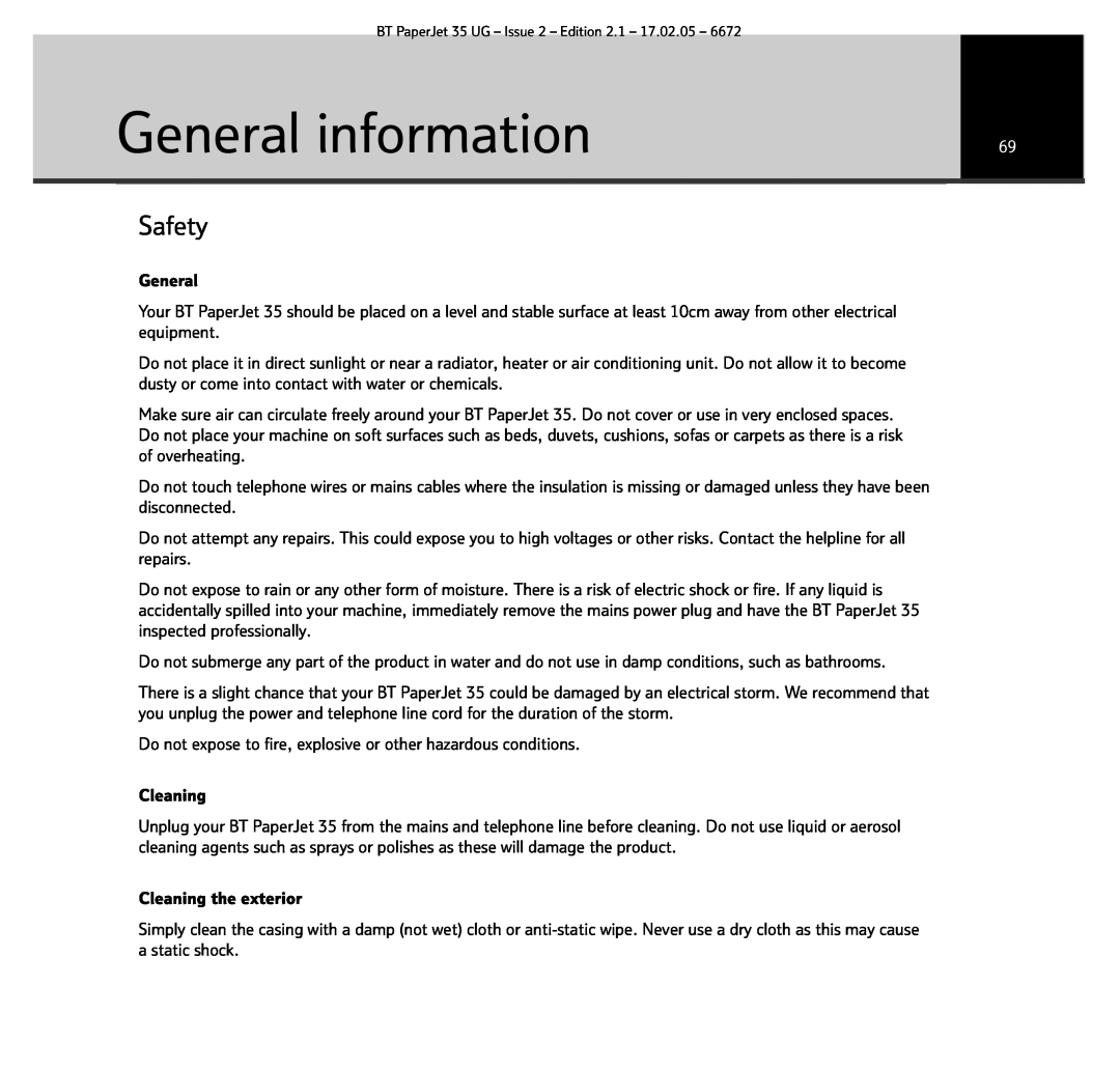 BT BT PaperJet 35 manual General information, Safety 