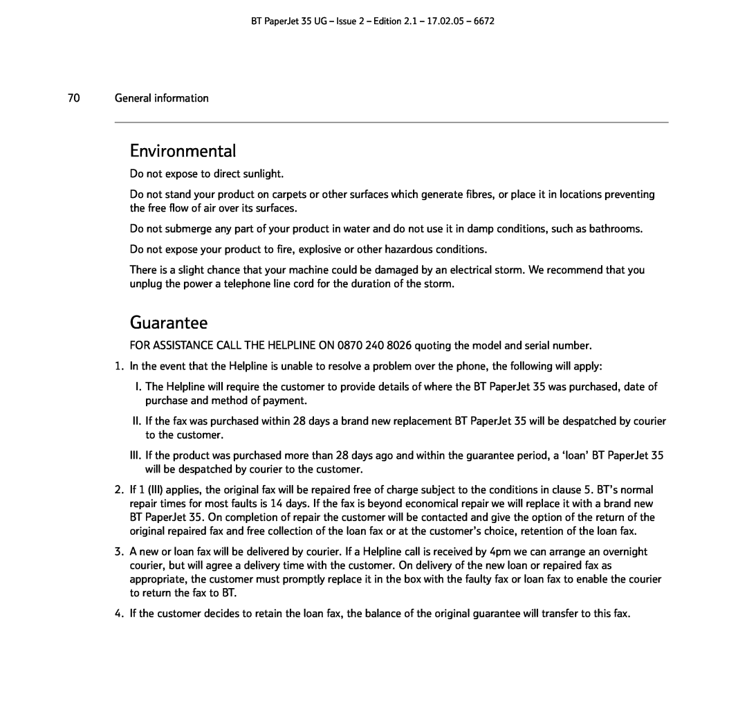 BT BT PaperJet 35 manual Environmental, Guarantee 