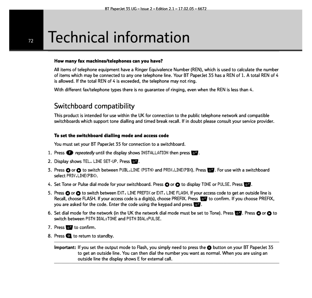 BT BT PaperJet 35 manual Technical information, Switchboard compatibility 