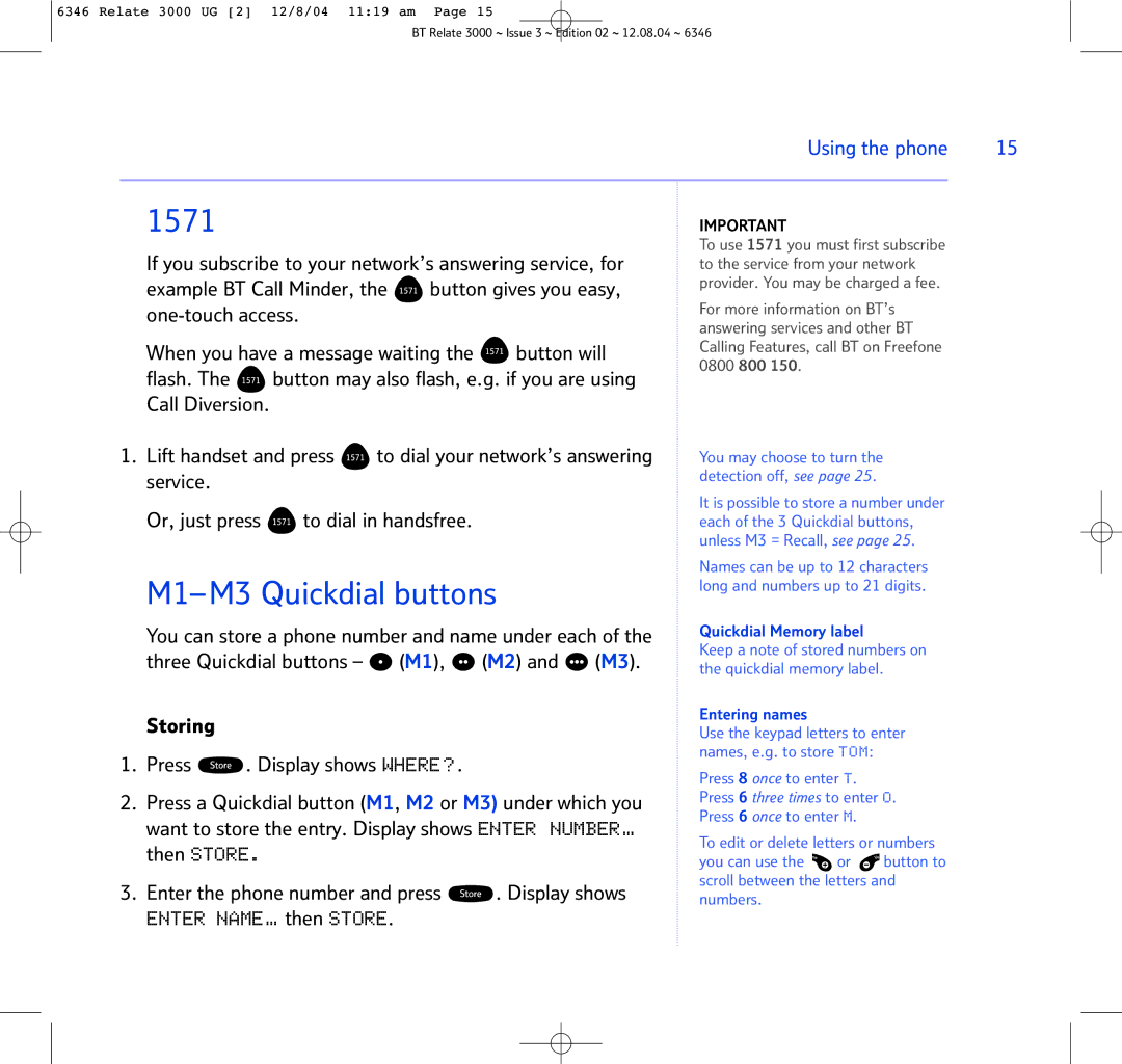 BT BT RELATE 3000 manual 1571, M1- M3 Quickdial buttons 
