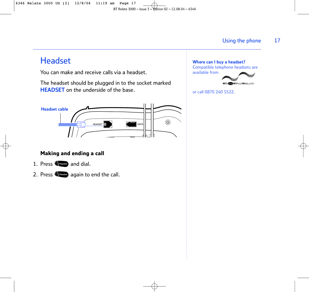 BT BT RELATE 3000 manual Where can I buy a headset?, Headset cable 