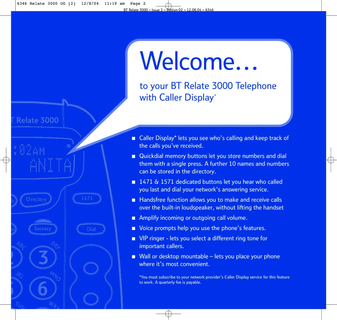 BT BT RELATE 3000 manual Welcome…, To your BT Relate 3000 Telephone with Caller Display 