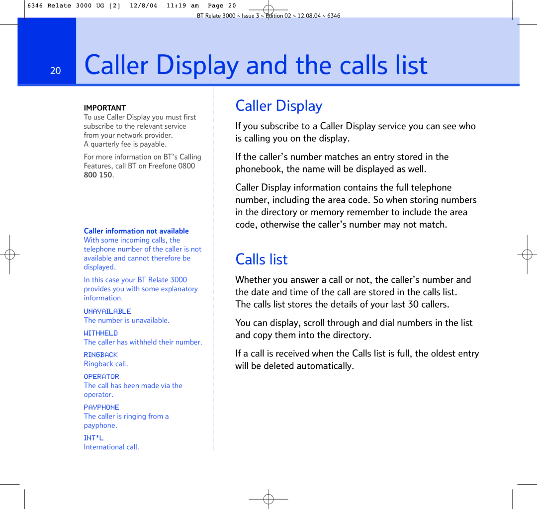 BT BT RELATE 3000 manual Caller Display and the calls list, Calls list 