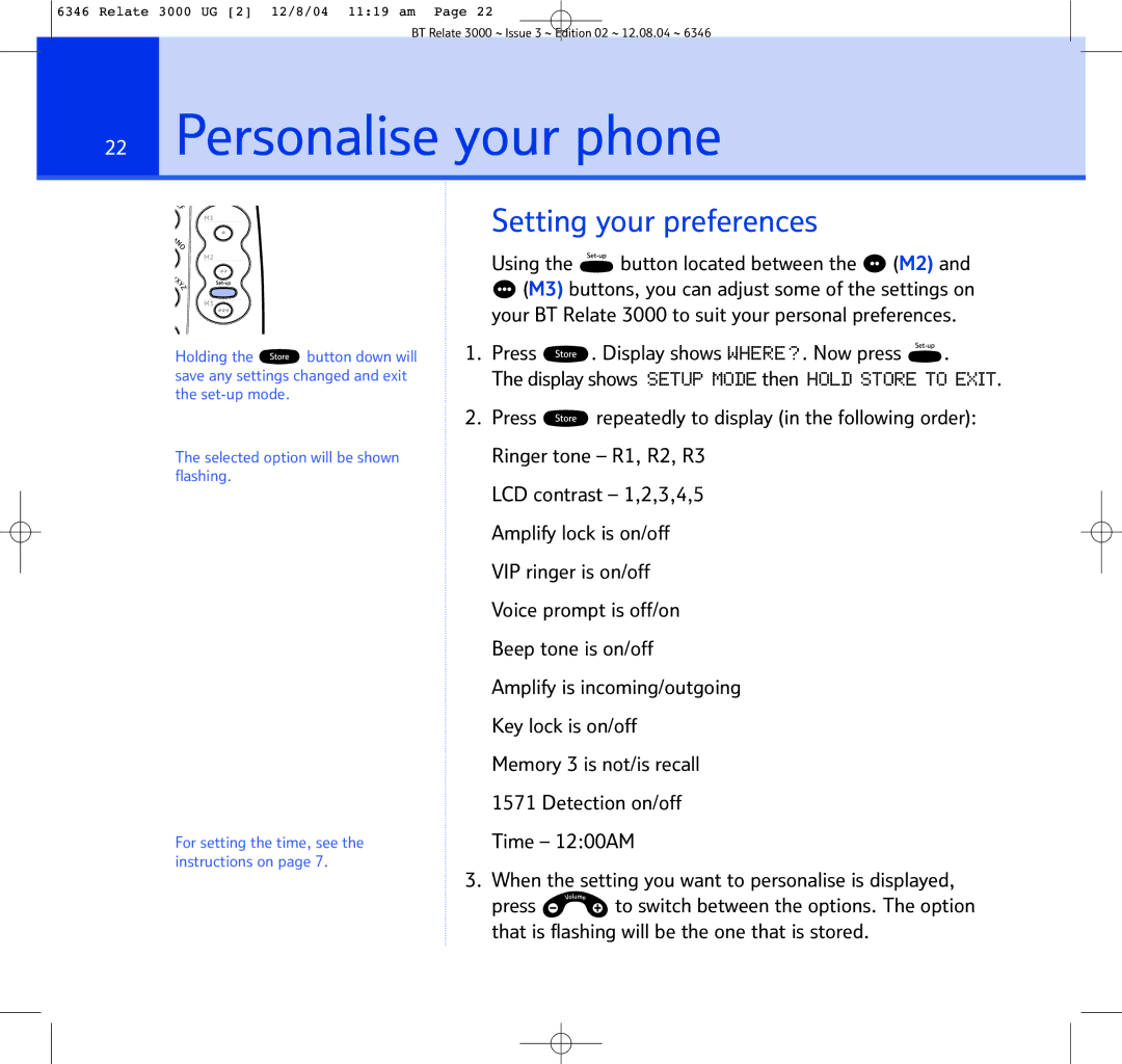 BT BT RELATE 3000 manual Personalise your phone, Setting your preferences 