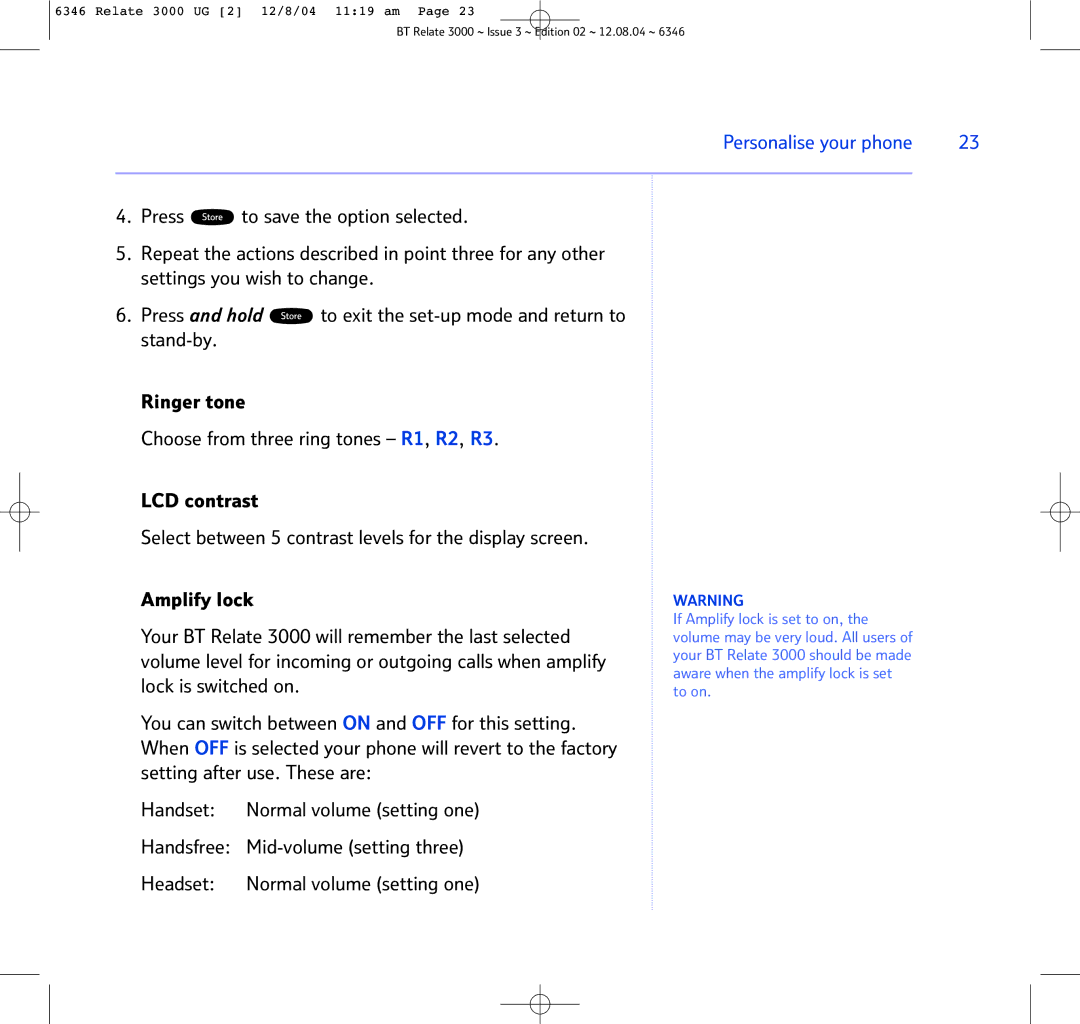 BT BT RELATE 3000 manual Personalise your phone 