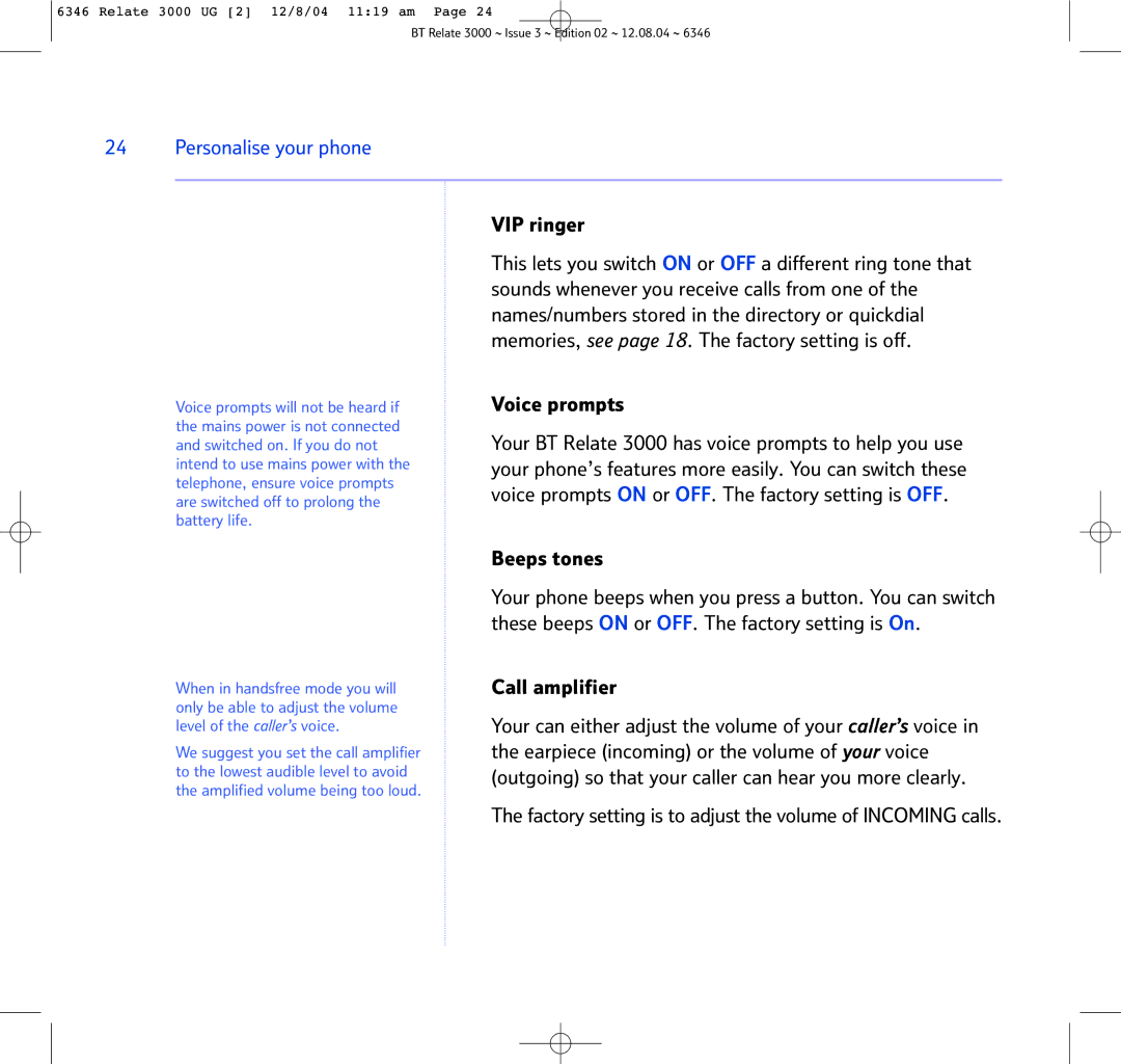 BT BT RELATE 3000 manual VIP ringer, Voice prompts, Beeps tones, Call amplifier 