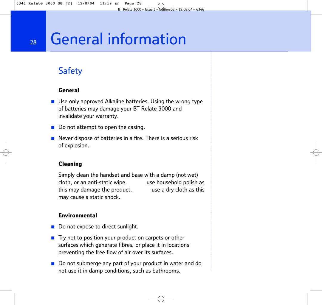 BT BT RELATE 3000 manual General information, Safety 