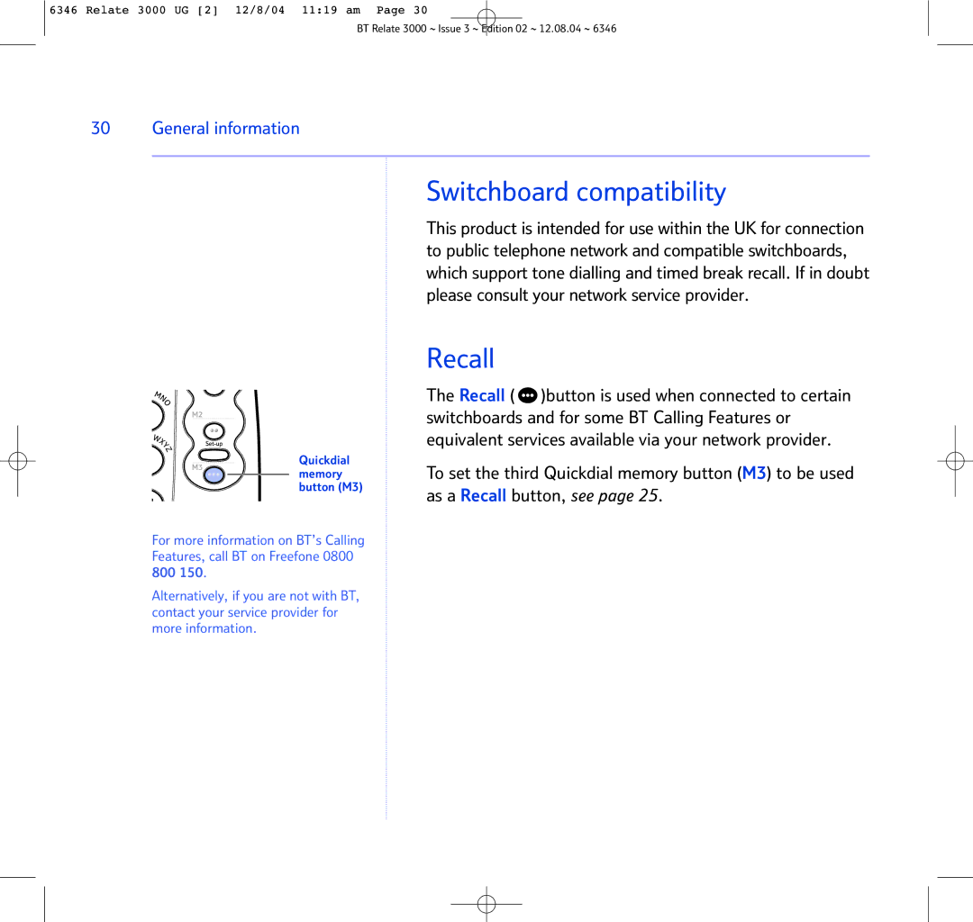 BT BT RELATE 3000 manual Switchboard compatibility, Recall 