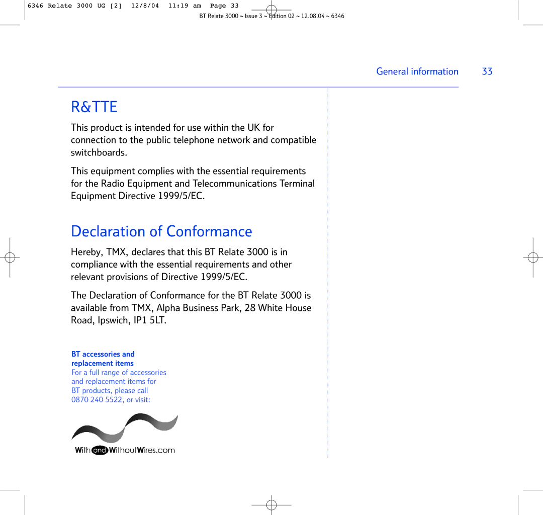 BT BT RELATE 3000 manual Tte, Declaration of Conformance 