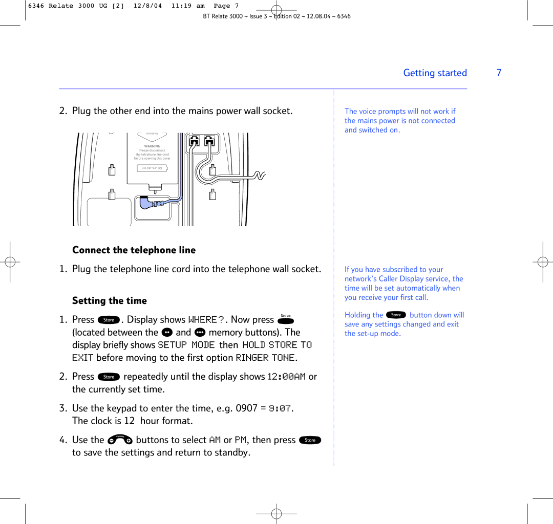 BT BT RELATE 3000 manual Plug the other end into the mains power wall socket 