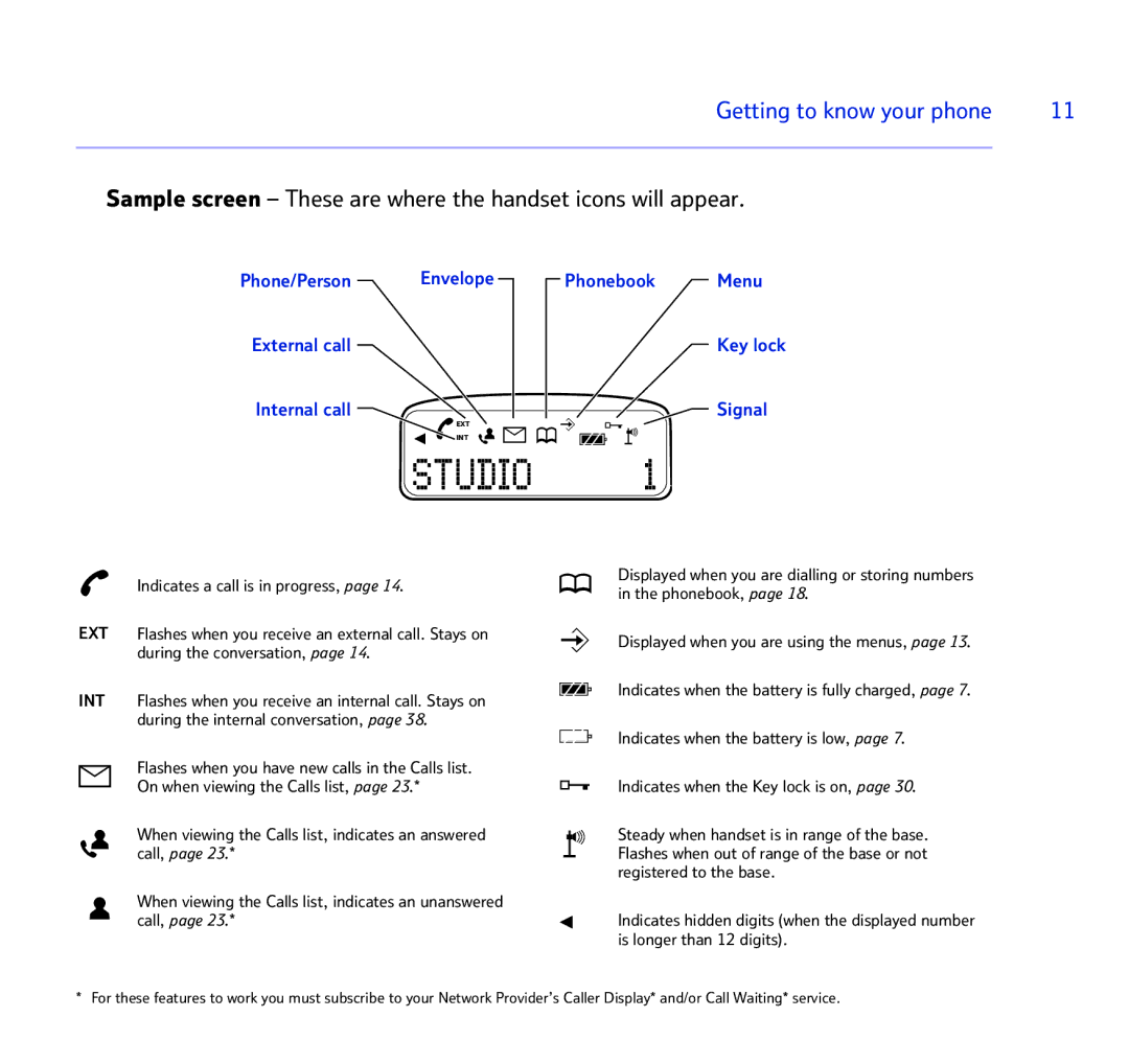 BT BT STUDIO 1100 manual Sample screen These are where the handset icons will appear, Phonebook Menu Key lock Signal 