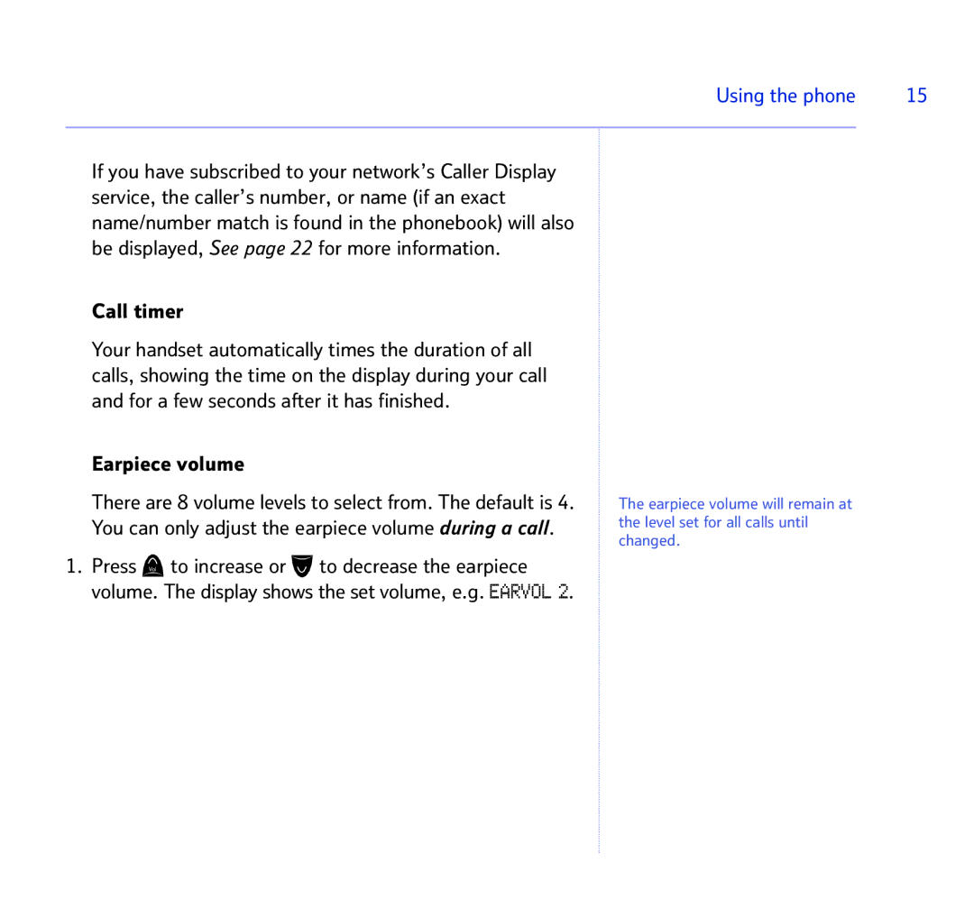 BT BT STUDIO 1100 manual Call timer, Earpiece volume 