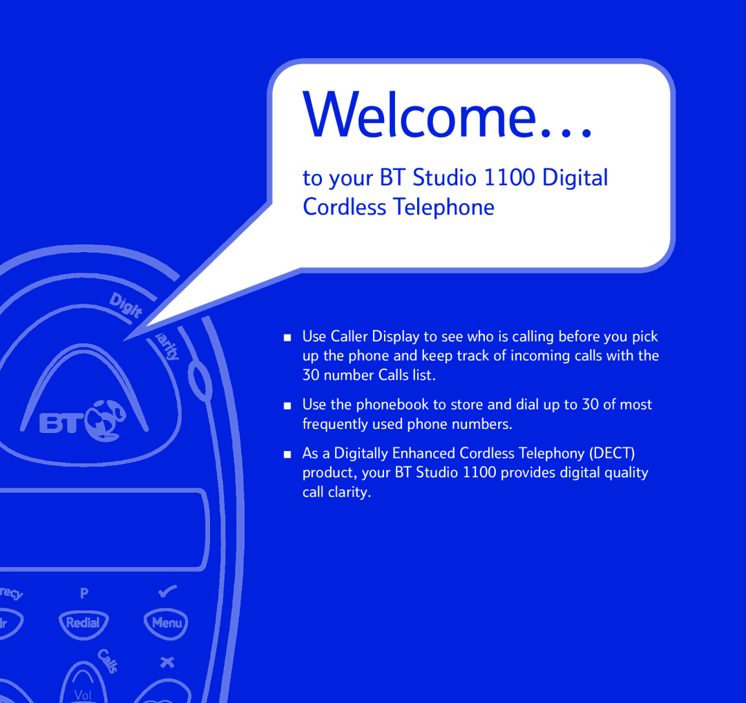 BT BT STUDIO 1100 manual To your BT Studio 1100 Digital Cordless Telephone, Section 