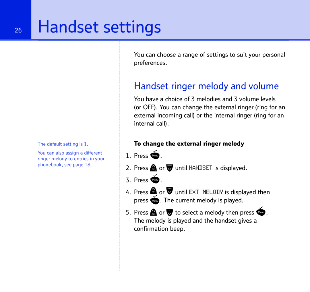 BT BT STUDIO 1100 manual HandsetSectionsettings, Handset ringer melody and volume, Confirmation beep 