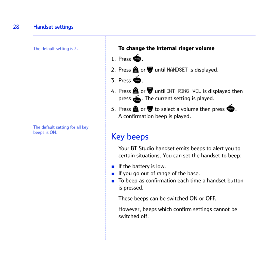 BT BT STUDIO 1100 manual Key beeps, Handset settings 