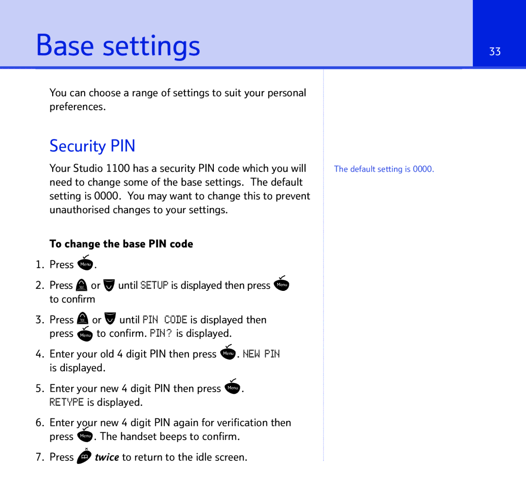 BT BT STUDIO 1100 manual Base settings, Security PIN 