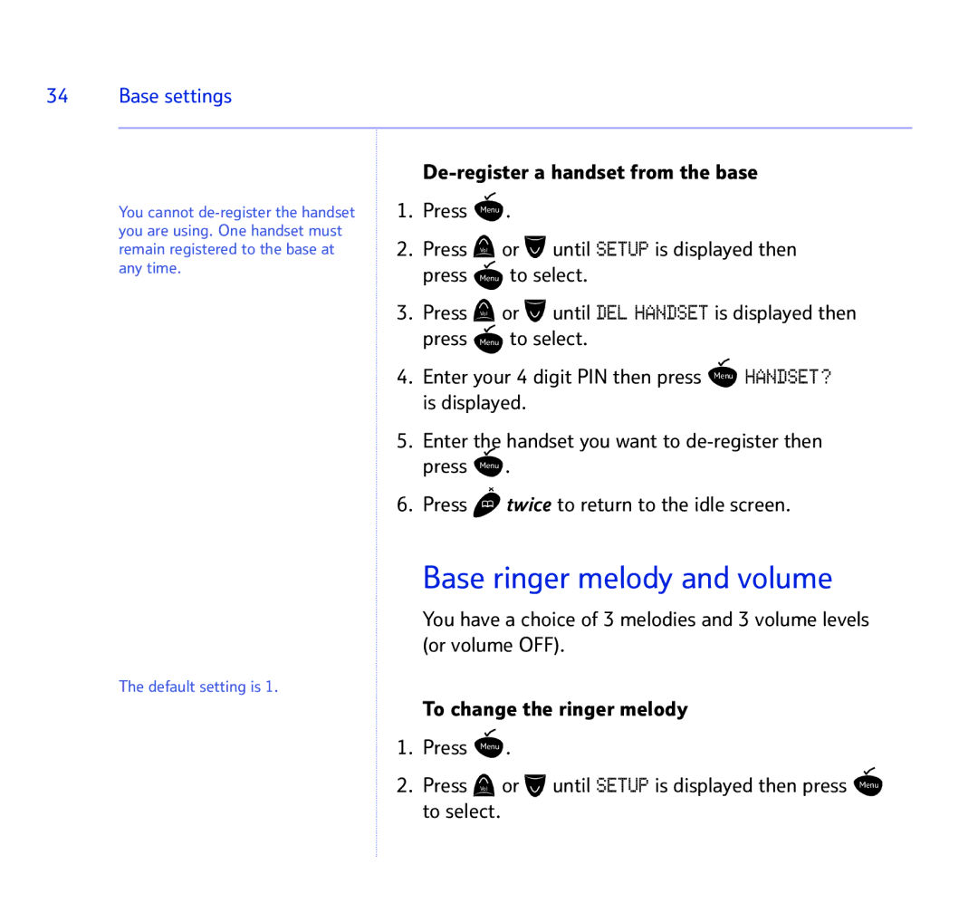 BT BT STUDIO 1100 manual Base ringer melody and volume, Base settings 