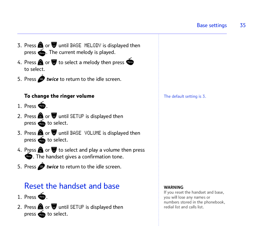 BT BT STUDIO 1100 manual Reset the handset and base, Base settings 