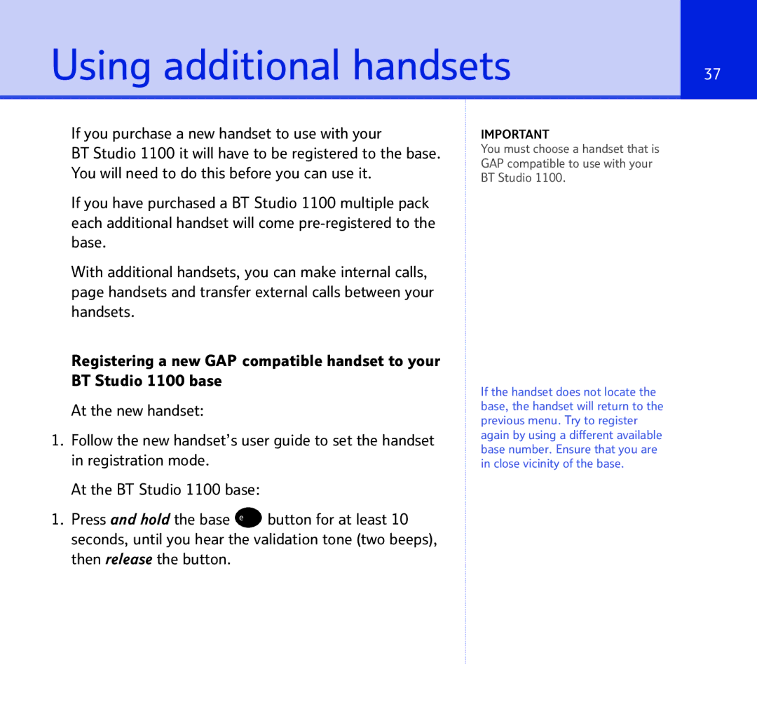 BT BT STUDIO 1100 manual Using additional handsets, If you purchase a new handset to use with your 