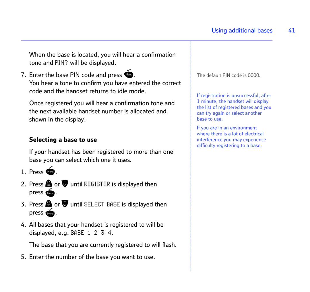 BT BT STUDIO 1100 manual Using additional bases, Default PIN code is 