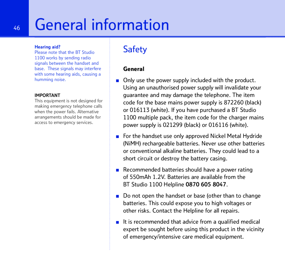 BT BT STUDIO 1100 manual General information, Safety, Hearing aid? 