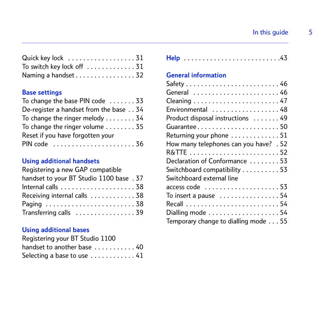 BT BT STUDIO 1100 manual Base settings, PIN code, Help, General information 