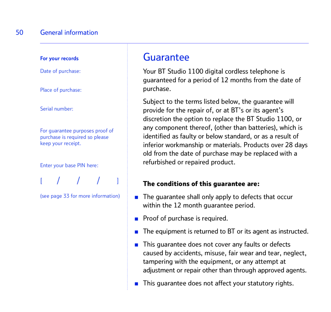 BT BT STUDIO 1100 manual Guarantee 