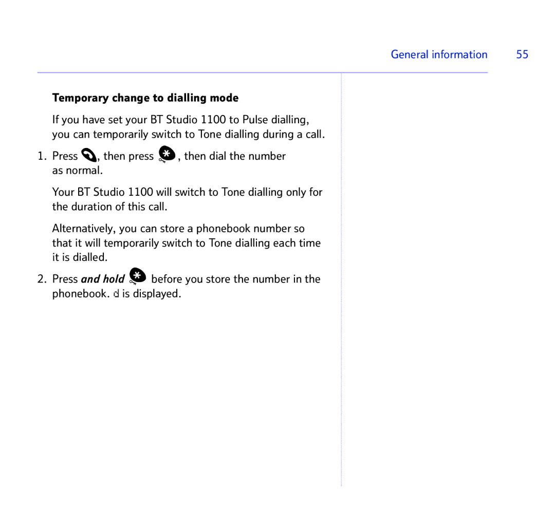 BT BT STUDIO 1100 manual Temporary change to dialling mode 