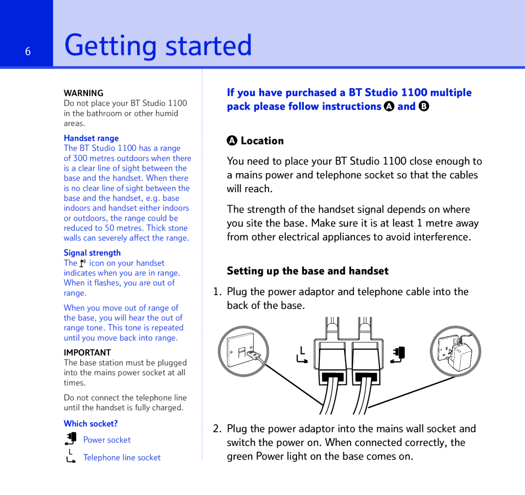 BT BT STUDIO 1100 manual Getting started, Handset range, Signal strength, Which socket? 