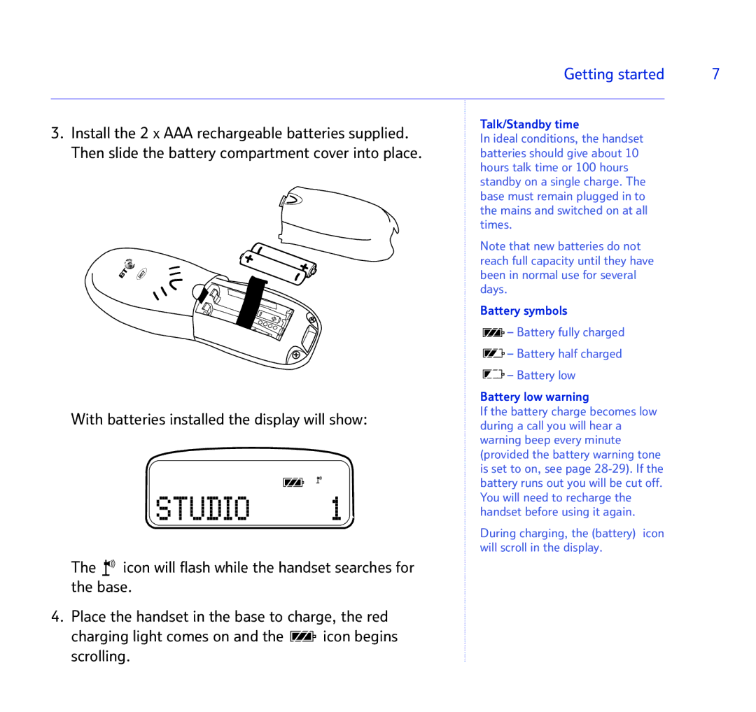 BT BT STUDIO 1100 manual Talk/Standby time, Battery symbols, Battery low warning 