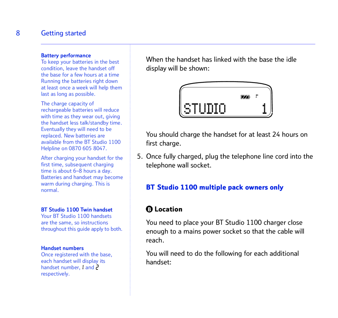 BT BT STUDIO 1100 manual BT Studio 1100 multiple pack owners only, Battery performance, Handset numbers 