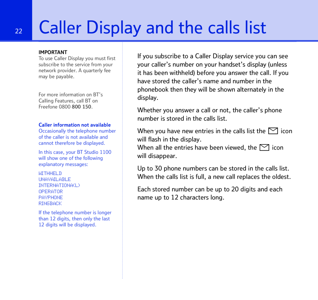 BT BT STUDIO 1100 manual Caller Display and the calls list 