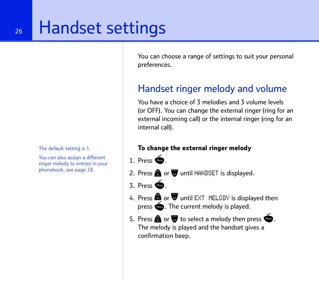 BT BT STUDIO 1100 manual HandsetSectionsettings, Handset ringer melody and volume 