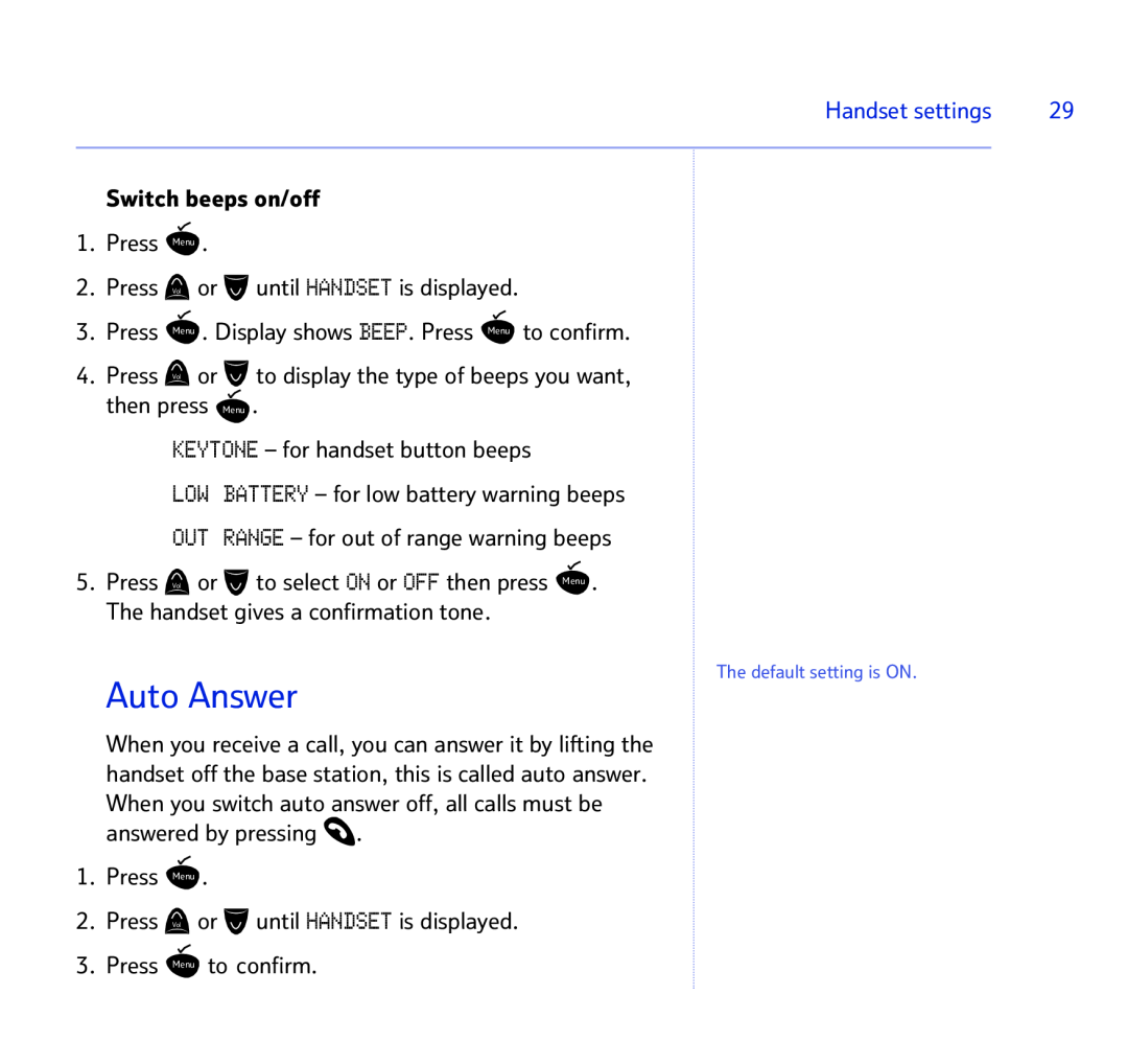 BT BT STUDIO 1100 manual Auto Answer, The default setting is ON 