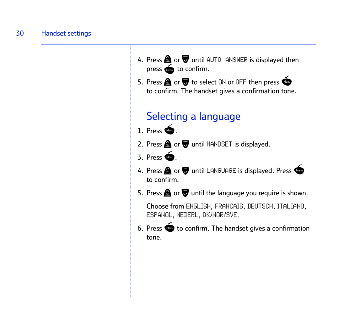BT BT STUDIO 1100 manual Selecting a language, Handset settings 