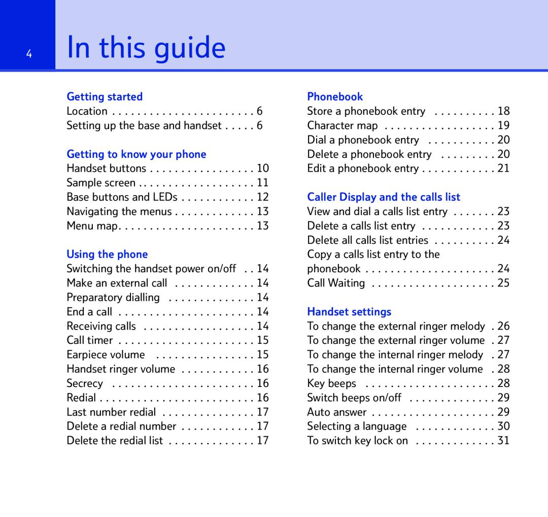 BT BT STUDIO 1100 In this guide, Getting started, Getting to know your phone, Using the phone, Phonebook, Handset settings 